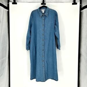 Medium Wash Chambray Snap Front Long Sleeve Shirt Dress - Plus 3X - Western